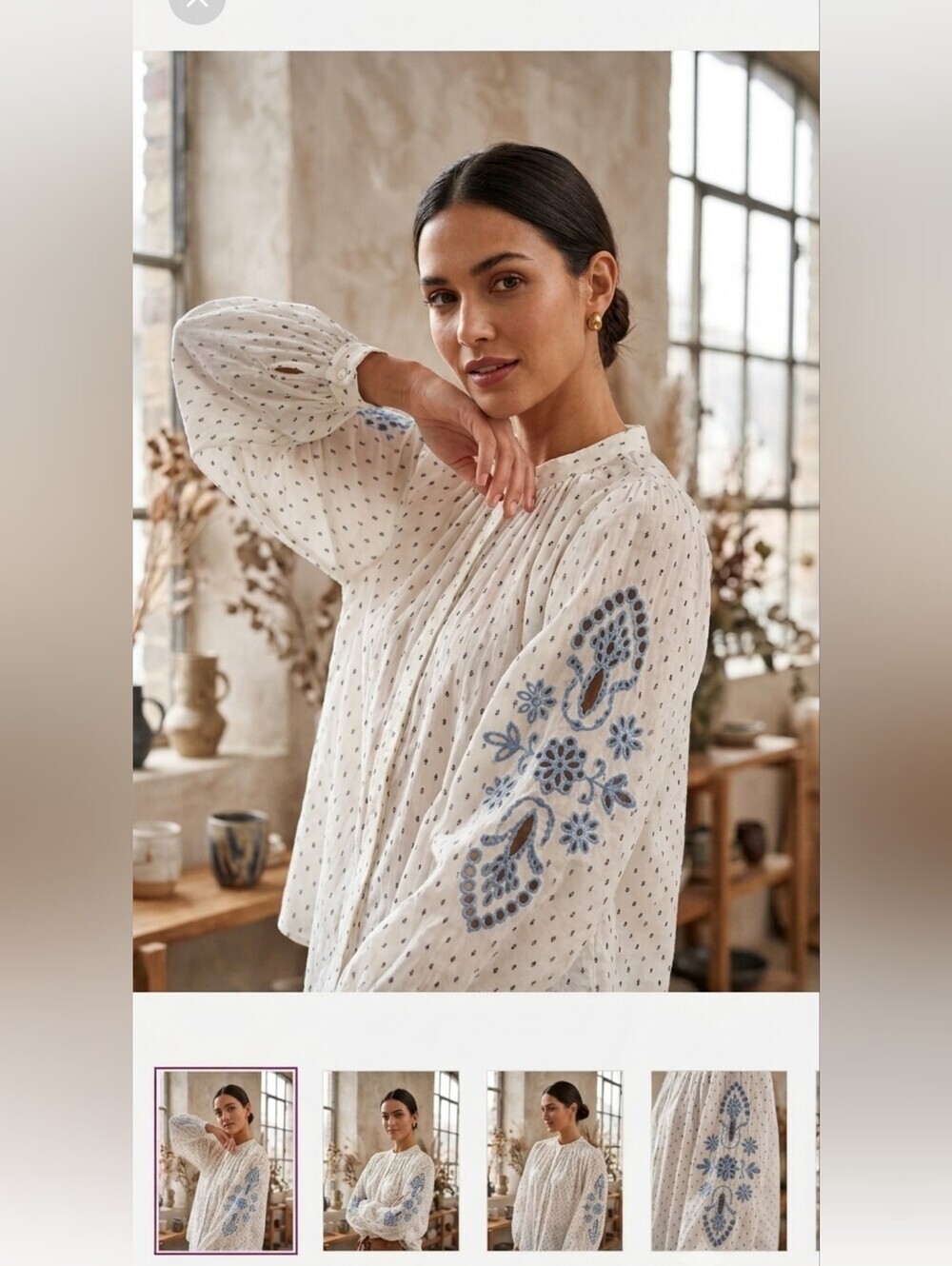 H&M Ivory Blouse with Black Dot Embroidery